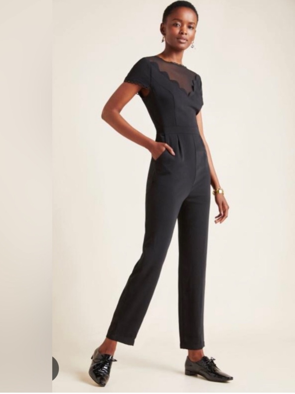 Anthropologie Black Scallop Mesh Yoke Short-Sleeve Jumpsuit